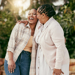 Senior mother, black woman and hug outdoor for love, care and laughing together in nature. African...