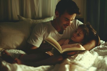 A tender moment as a father reads a bedtime story to his young daughter, both cozily snuggled in a warm, softly lit bedroom.