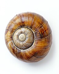 Macro photograph of a snail's spiral shell, fine ridges and patterns visible, on clean white background