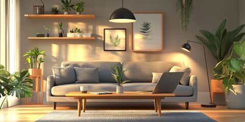 A modern living room featuring a cozy sofa, ambient lighting, and green plants, offering a warm and inviting atmosphere for relaxation.
