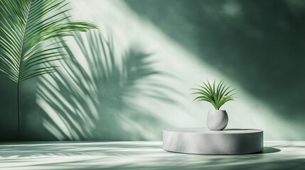 Fototapeta premium Elegant product presentation: a premium podium adorned with tropical palm leaf shadows on a soft green wall and gray table, creating a sophisticated and captivating setting