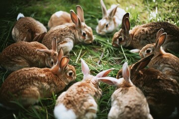 Obraz premium A group of adorable rabbits in a grassy field, nibbling serenely and enjoying the outdoors.