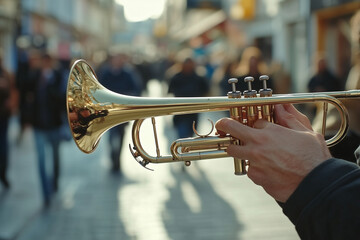 Obraz premium Hands with trumpet playing in the street