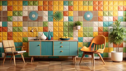 Retro Colorblocked Ceramic Tiles on Midcentury Modern Wall with Wooden Furniture, Bright Pop Colors, Graphic Pattern, Fun Retro Concept