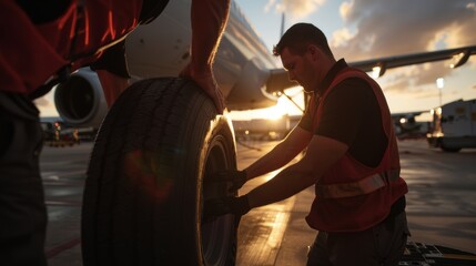Dynamic scene of a well-coordinated team quickly and efficiently changing an airplane tire, showcasing their readiness for action on the airplane parking lot.