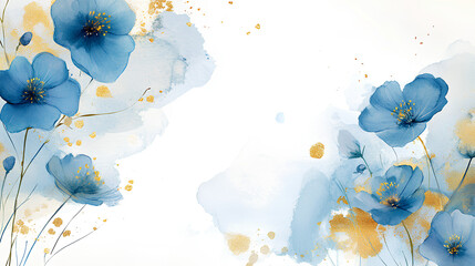 Blue and gold flower on white background. Watercolor abstract romantic floral background. Frame or border for design greeting card, wedding invitation, poster, banner. With copy space 