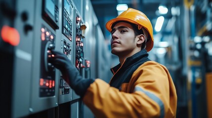 Focused Engineer: A dedicated engineer intently operates a control panel in a modern industrial setting. The image captures the precision and focus required for complex tasks, highlighting the importa