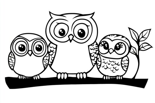 recommend clip art: Simple owl coloring page for kids. Three charming owls perched on a branch, showcasing playful expressions in a whimsical black and white illustration perfect for coloring and creative projects