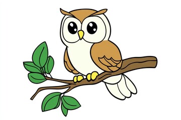 Obraz premium A cute cartoon owl perched on a tree branch surrounded by vibrant green leaves, showcasing its playful eyes and warm color palette during a sunny afternoon