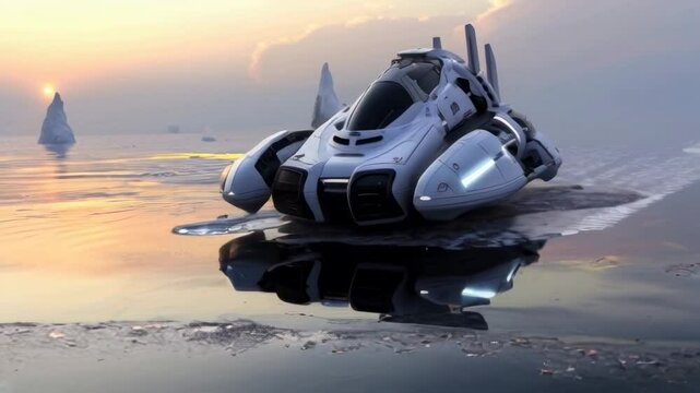 A futuristic hovercraft with sleek lines, floating over water in a tranquil scene.