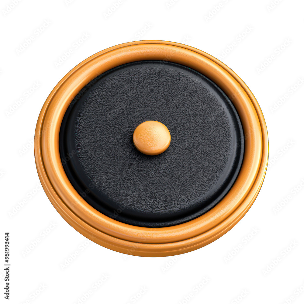 Poster 3d stylish round button with a black center and golden rim, perfect for modern design and interface 
