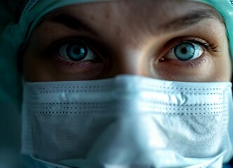 Close-up of a healthcare worker wearing a mask, highlighting eyes filled with determination and resilience.
