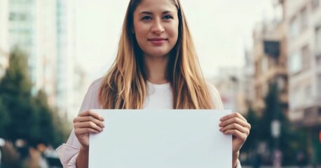 A person holding a blank sign, standing in a public space, ready for a message or protest.