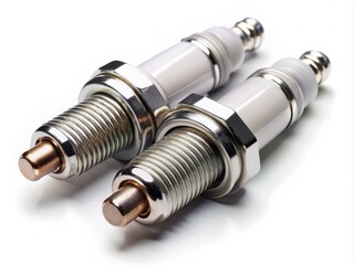 A photo image of a pair of spark plugs on a clean white background, with a slight angle to show the electrode tips and ceramic insulators.
