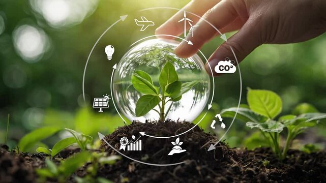 Circular economy concept for future business growth and environmental sustainability and reduce pollution for future business and environmental growth.Globe Glass with Net zero icons In Green Forest.4