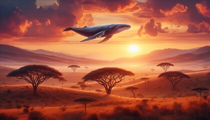 Surreal whale flying over African savanna at sunset with acacia trees and golden clouds
