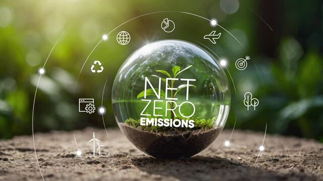 Circular economy concept for future business growth and environmental sustainability and reduce pollution for future business and environmental growth.Globe Glass with Net zero icons In Green Forest.4