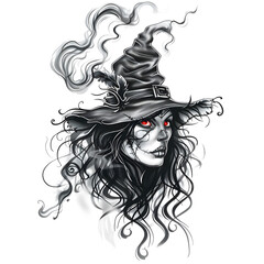 Witch head tattoo design with smoke illustration