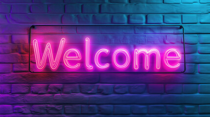  Neon sign with the word "Welcome" in pink on a blue brick wall background. The sign glows brightly, creating a warm and welcoming atmosphere