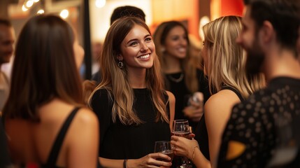 Elegant attendees socializing at a charity gala, holding drinks and engaging in conversation.