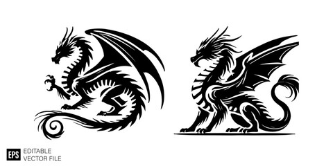 Obraz premium set of dragon graphic design black and white vector clip art silhouette