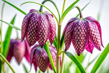 A stunning purple fritillaria checkered lily blooms against a crisp white background, its delicate green leaves providing a subtle contrast to the flower's vibrant hue.