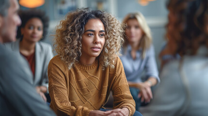 Obraz premium Sad depressed black woman at support group meeting for mental health, anonymous community