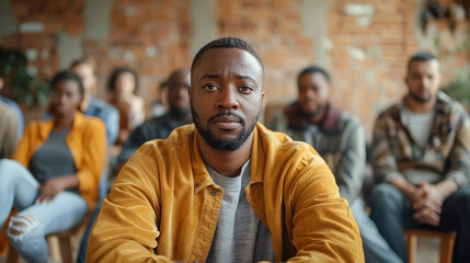 Fototapeta premium Sad depressed black man at support group meeting for mental health, anonymous community. 