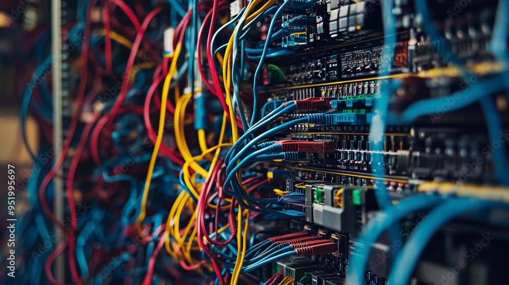 Aufkleber network cables connected to servers in a data center, illustrating complex network infrastructure.
