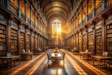Soft, ethereal light filters through a library's grand windows, casting an otherworldly glow on rows of dusty tomes and ancient manuscripts.