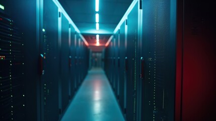 Rows of blinking servers in a dark, blue-lit data center, giving a mysterious and cutting-edge technological feel.