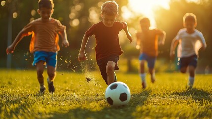 Group of young kids playing football on a grassy field during sunset, emphasizing teamwork, physical activity, and fun.