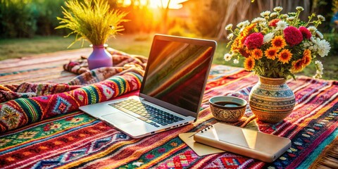 Fototapeta premium Bohemian laptop and phone setup on a colorful textile with scattered inspirational quotes and a single vase with fresh flowers warm afternoon light and lively ambiance