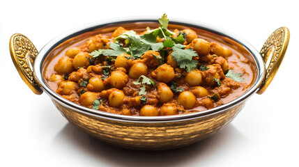Chana masala street food on big bowl, isolated white background