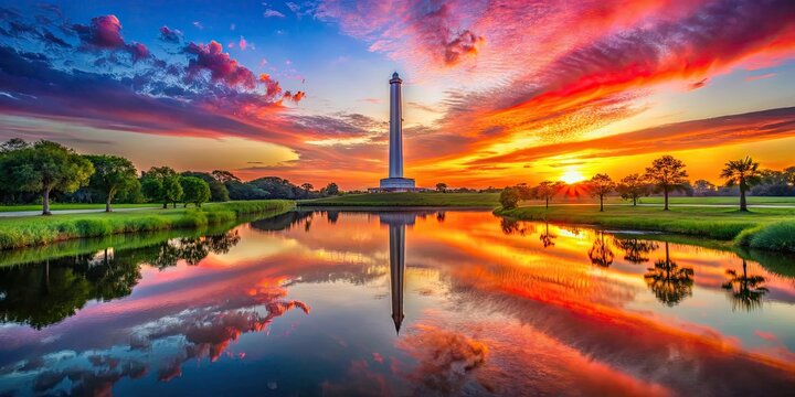 Vibrant colors of sunrise paint the sky above San Jacinto Monument, majestic pillars and reflection pool mirroring Texan patriotism, amidst lush Baytown wetlands.