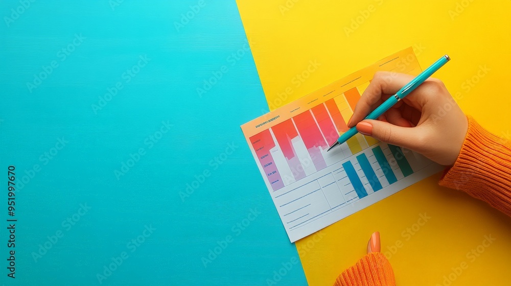 Poster planning the future: a hand in an orange sweater points to a colourful bar graph, strategizing and v