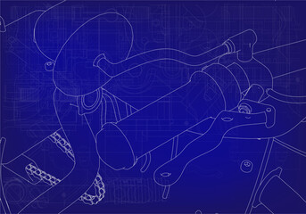 Mirror and steering wheel of a motorcycle on a blue background.