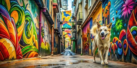 Fototapeta premium funky urban escape dog exploring curiously city streets eclectic graffiti vibrant colors energetic edgy atmosphere
