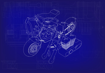 Disassembled motorcycle on a blue background. Unique design.  