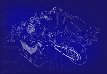Disassembled motorcycle on a blue background. Unique design.  