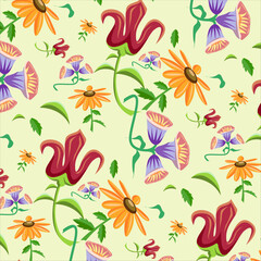 Abstract Wild Flowers Seamless Pattern Wild Meadow florals , colorful Flower bouquet delicate wildflowers. botanical floral on a  Yellow background.  summer floral field for textile, nature wallpaper.