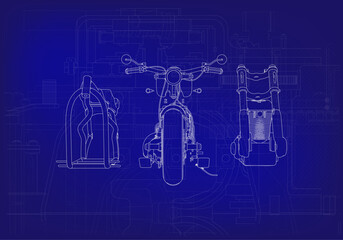 Disassembled motorcycle on a blue background. Unique design.  