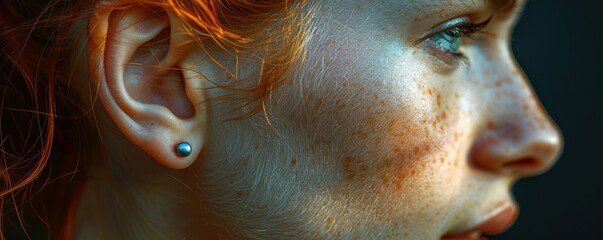 A close-up profile view of a person with freckles, red hair, and a stud earring, highlighting facial details and textures under natural light