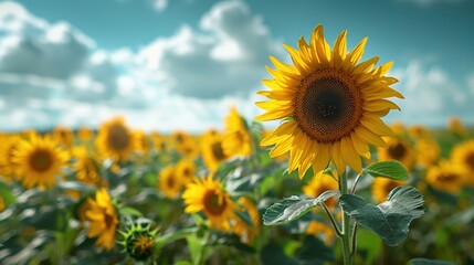 Fototapeta premium A vibrant field of sunflowers in full bloom under a bright blue sky with scattered clouds, showcasing the beauty and serenity of nature in a picturesque landscape