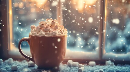 A warm cup of hot chocolate topped with whipped cream and marshmallows sits on a windowsill, with a snowy landscape visible through the window.