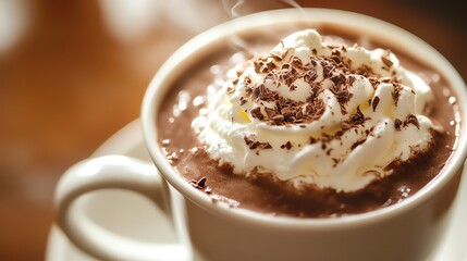 A close-up of a steaming cup of hot chocolate topped with whipped cream and chocolate shavings.