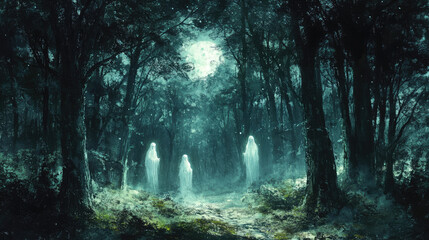 A haunted forest with ghostly figures faintly visible between the trees, illuminated by moonlight.
