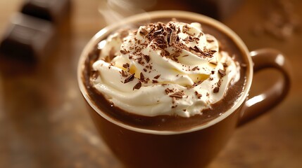 A close-up of a mug of hot chocolate topped with whipped cream and chocolate shavings.