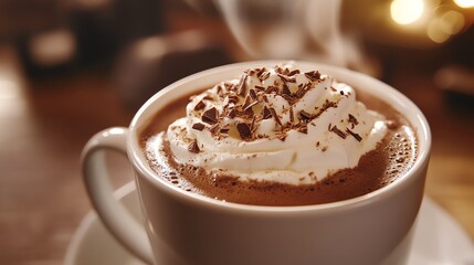 A close-up of a steaming cup of hot chocolate topped with whipped cream and chocolate shavings.