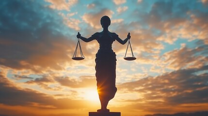 The figure balances scales against a vibrant sunset, representing justice and equality